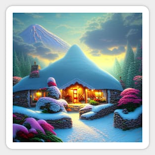 Magical Fantasy Cottage with Lights In A Snowy Scene, Scenery Nature Sticker